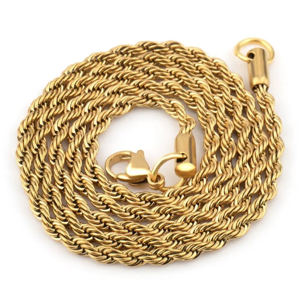 Men's Rope Chain Necklace 316L Stainless Steel Gold Plated